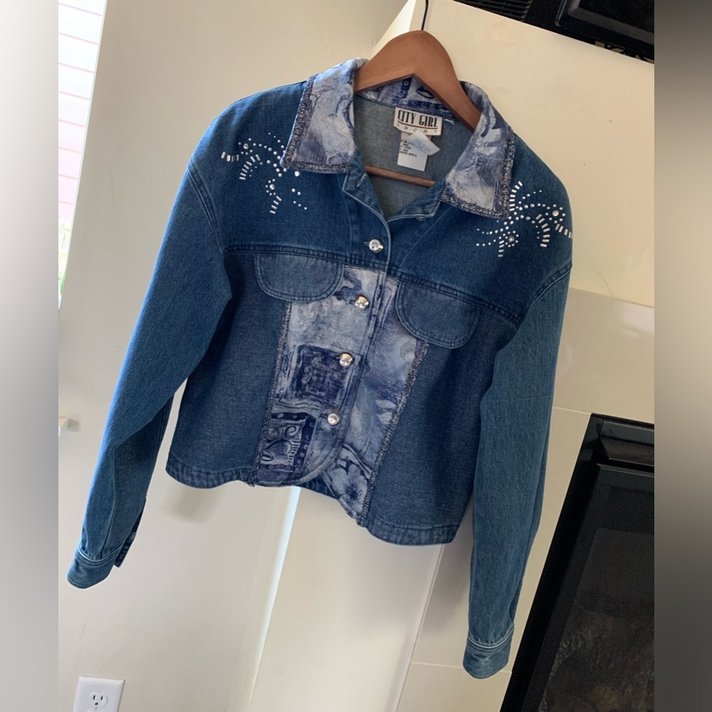 ▶️ Vintage Cropped Denim Jacket Womens 4 Embroidered Studded Western 90s - Picture 5 of 15